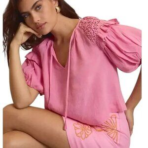 Anthropologie Self Contrast, Pink Linen, Smocked Puff Sleeve Top-Large